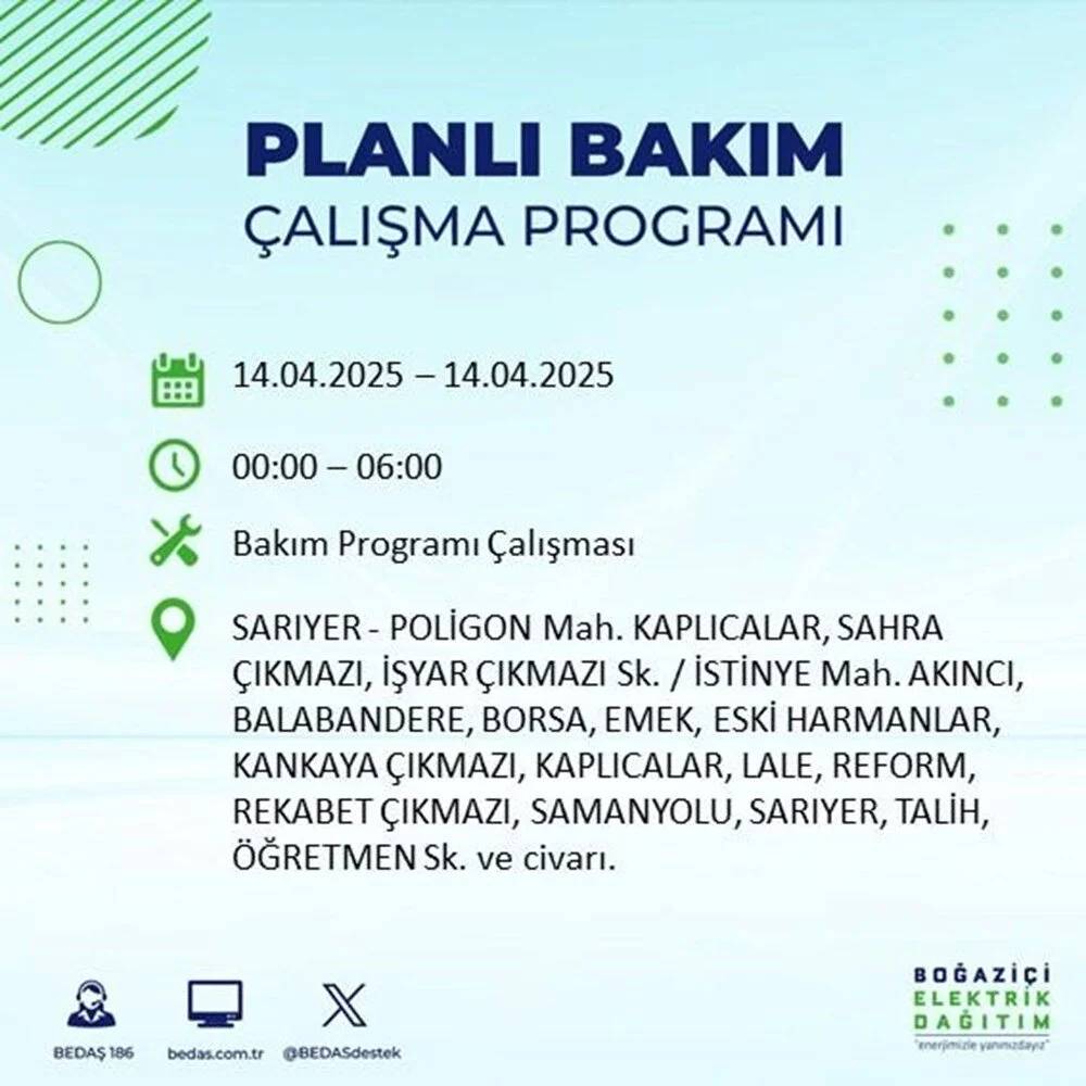 BEDAŞ duyurdu: 23 ilçede elektrik olmayacak! 59