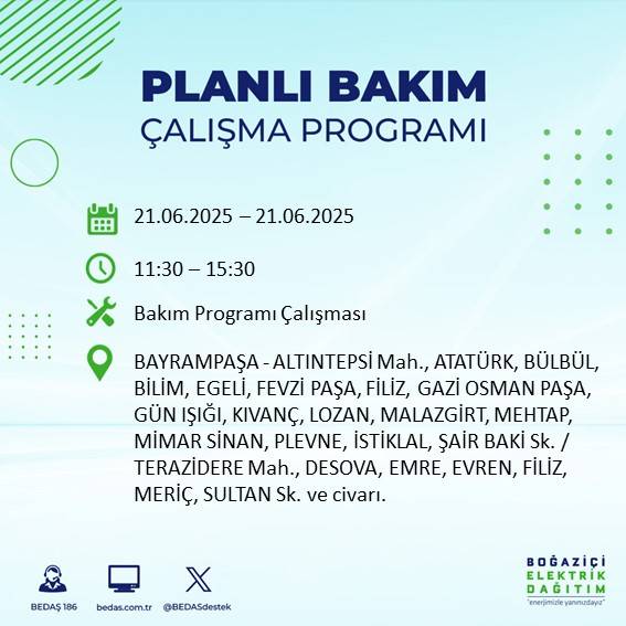 BEDAŞ duyurdu: İstanbul’da 21 Haziran’da elektrik kesintisi yaşanacak ilçeler 4
