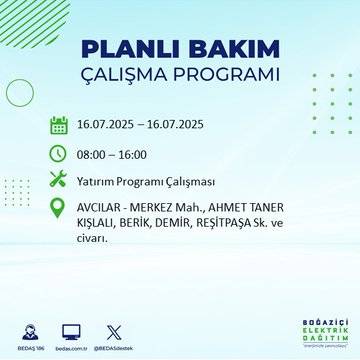 BEDAŞ uyardı:  16 Temmuz'da İstanbul'un bu ilçelerinde elektrikler kesilecek 11