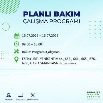 BEDAŞ uyardı:  16 Temmuz'da İstanbul'un bu ilçelerinde elektrikler kesilecek 47