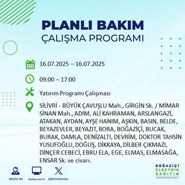 BEDAŞ uyardı:  16 Temmuz'da İstanbul'un bu ilçelerinde elektrikler kesilecek 23