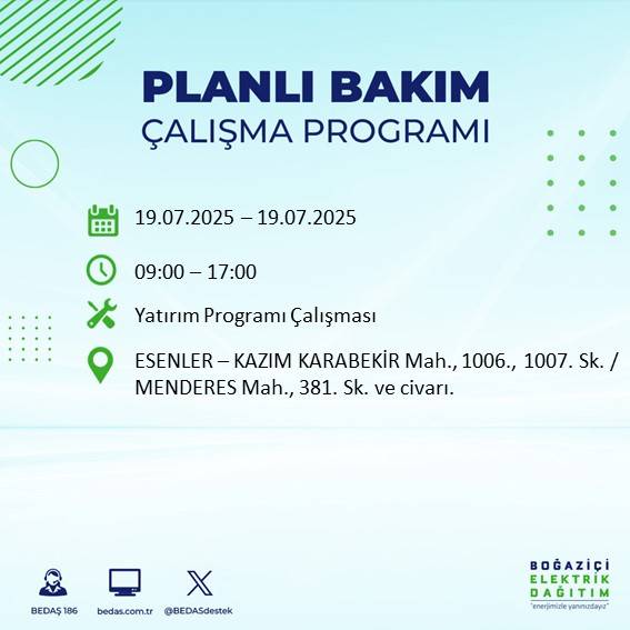 İstanbul'da elektrik kesintisi olacak ilçeler belli oldu 1