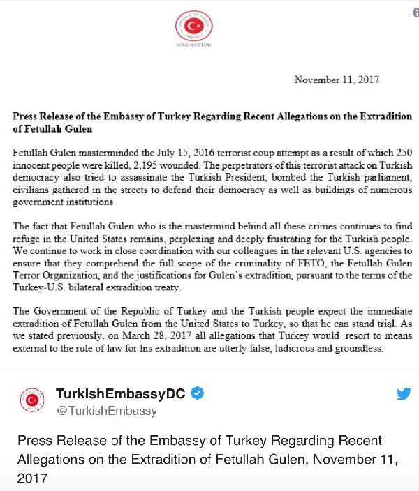 Washington Büyükelçiliği'nden Gülen’in kaçırılacağı iddialarına yanıt