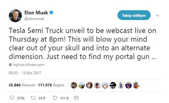 Elon Musk, elektrikli kamyon "Tesla Semi" hakkında açıklama yaptı