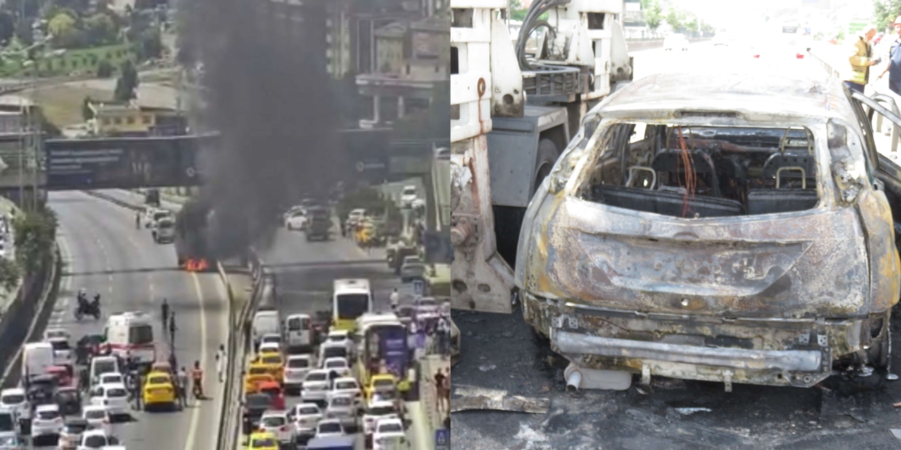 Ataşehir'de otomobil yandı: D-100 Karayolu kapandı