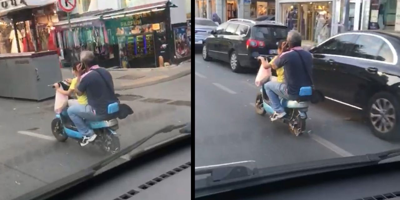 Tehlikeli yolculuk kamerada: Motosikleti çocuğa kullandırıp telefonla konuştu