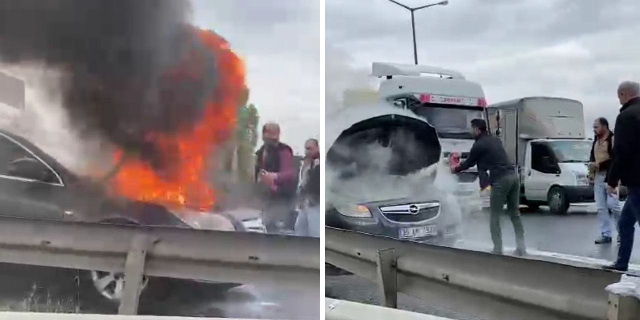 Otomobildeki yangını diğer sürücüler söndürdü