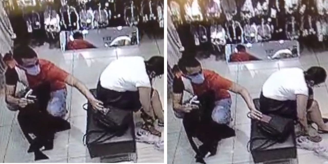 Ayakkabı deneyen kadının cep telefonunu çaldı... Hırsızlık anı kamerada