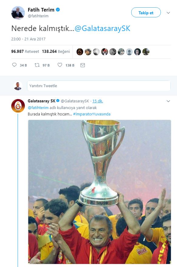 Fatih Terim'in tweetine, Galatasaray resmi hesabından cevap!
