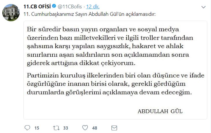 Abdullah Gül'den Tayyip Erdoğan'a yanıt!