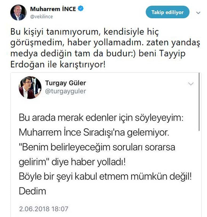 Muharrem İnce’den yandaş gazeteciye yanıt: Beni Erdoğan ile karıştırıyor