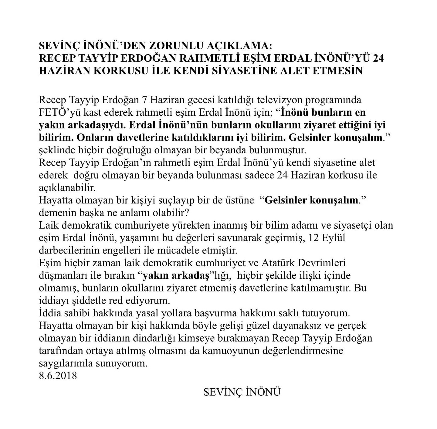 Sevinç İnönü’den Erdoğan’a sert tepki: Erdoğan'ın 24 Haziran korkusu...