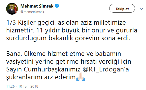 Mehmet Şimşek 3 Tweet'le veda etti