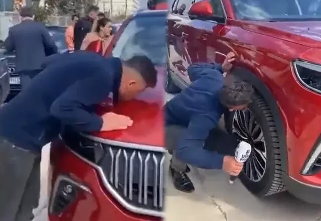 İnanılır gibi değil! TOGG'u gören yandaş muhabir öpüp koklamaya başladı