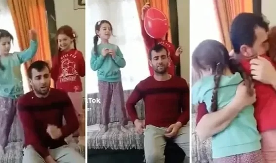 Üçüncü kez baba olacağını kızlarının sürpriziyle öğrenen adamın sevinci viral oldu