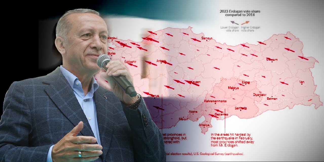 New York Times haritalarla Erdoğan'ın oylarının düşüşünü anlattı. Erdoğan'ın Oyları Böyle Düştü