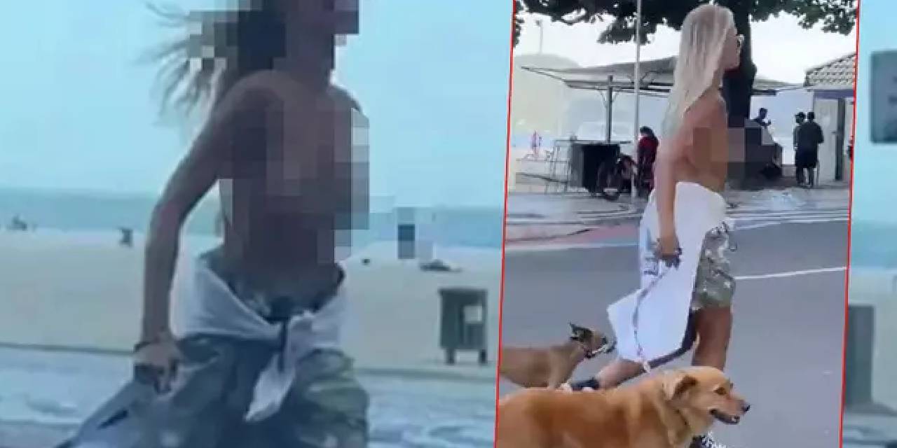 Herkes şoke oldu: Bir gören bir daha baktı!Üzerini çıkartarak yarı çıplak köpeklerini gezdirdi... Kimseye aldırış etmeden yürüdü