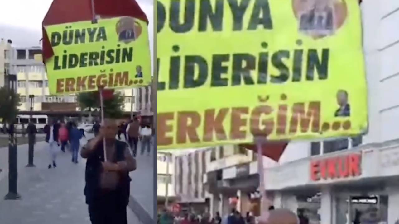 AKP'li vatandaş, "dünya liderisin erkeğim" yazılı pankartla Konya'yı dolaştı