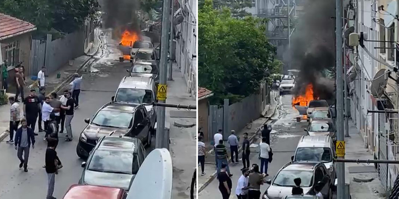 Otomobil alev alev yandı: Söndürmek için mahalleli böyle seferber oldu