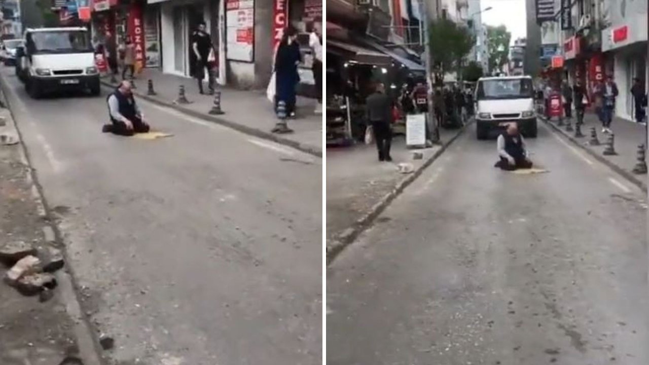 Samsun'da bir kişi, yolun ortasına seccade serip namaz kıldı