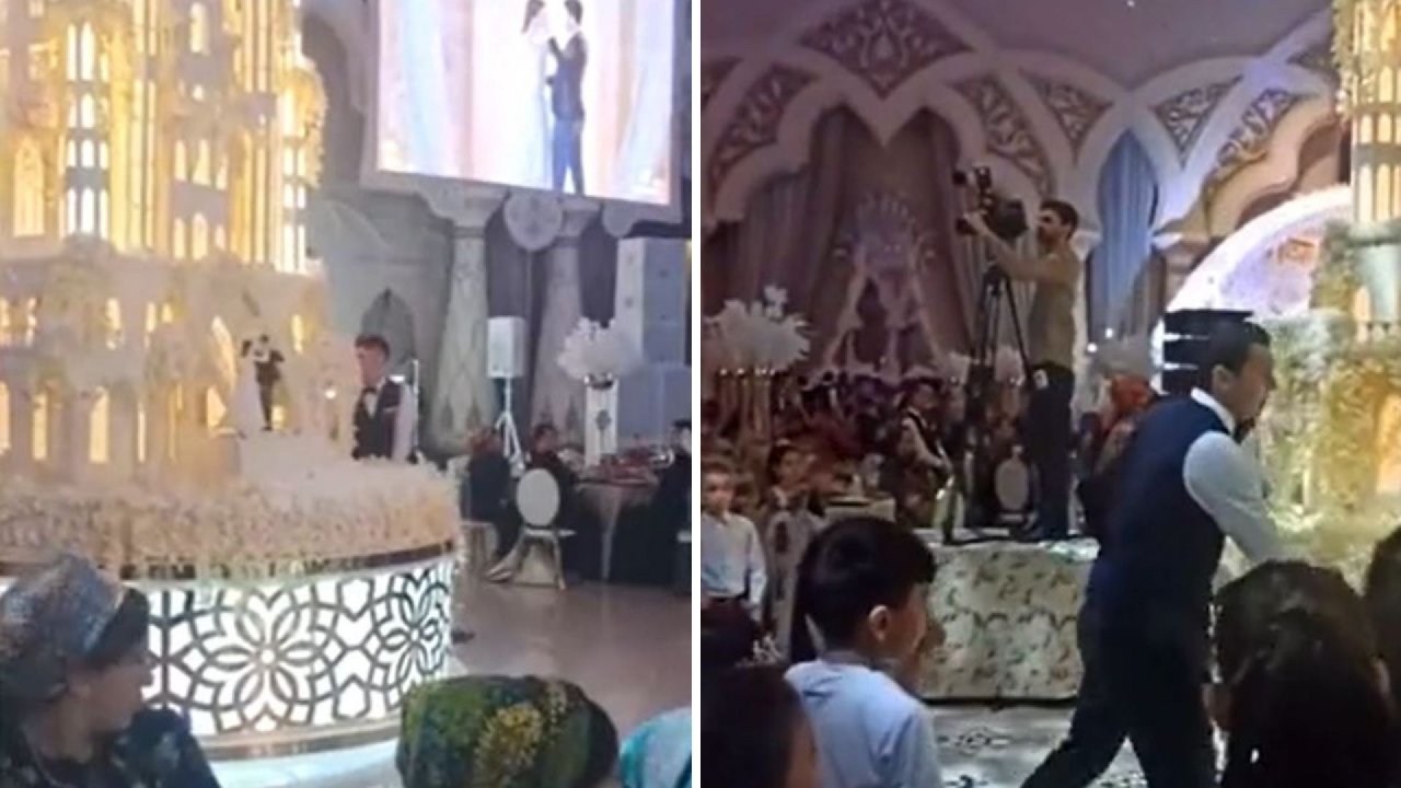 Düğünde ilginç anlar; pastanın büyüklüğünü görenler gözlerine inanamadı