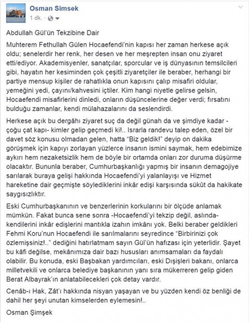 Abdullah Gül'e F.Gülen'in sağ kolu Osman Şimşek'ten yanıt