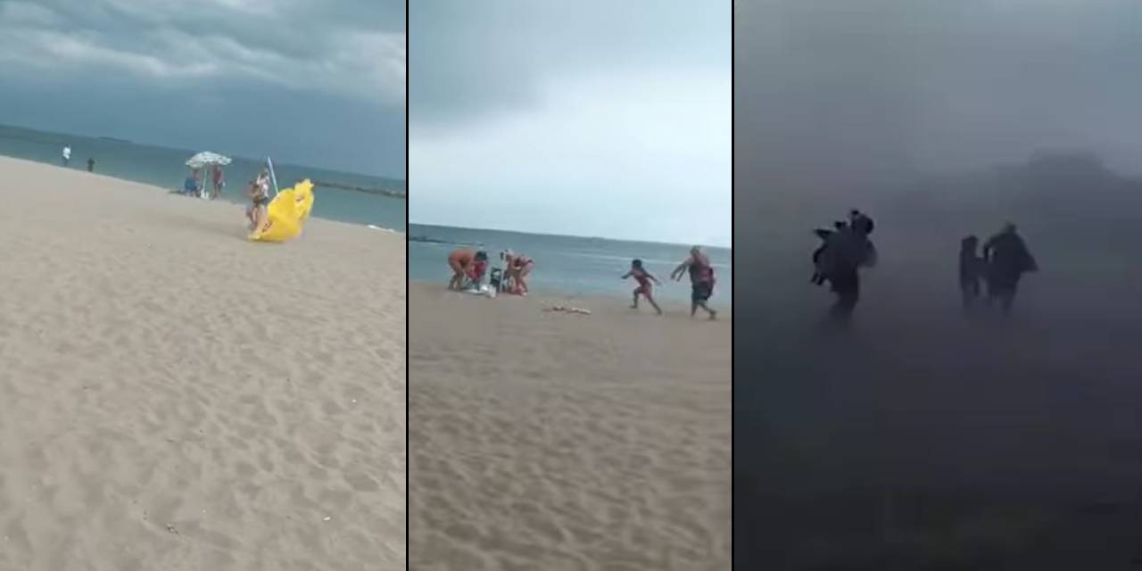 İnanılmaz görüntü! Rüzgara plajda yakalandılar, şemsiyeler uçtu, kaçacak yer aradılar