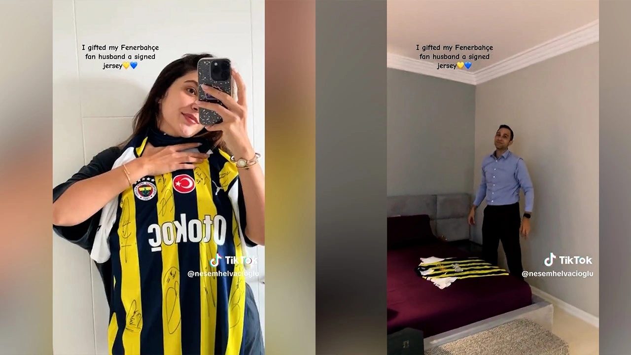 Eşine imzalı Fenerbahçe forması hediye etti... Çocuklar gibi sevinç anı kamerada!