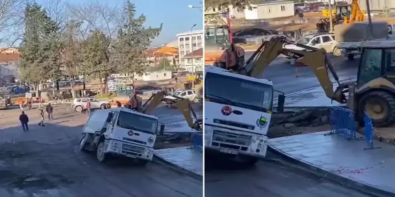 Çöken Yolda Kalan Kamyon İş Makineleriyle Çıkarıldı