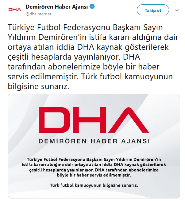 "Yıldırım Demirören istifa kararı aldı" iddialarına DHA'dan açıklama!