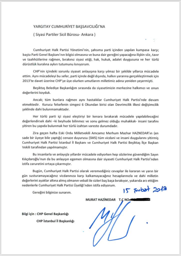 Eski Beşiktaş Belediye Başkanı Hazinedar CHP'den istifa etti... İşte istifa dilekçe