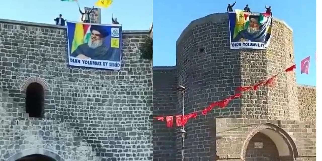 Diyarbakır'da tarihi surlara, Hizbullah lideri Hasan Nasrallah’ın posterleri asıldı