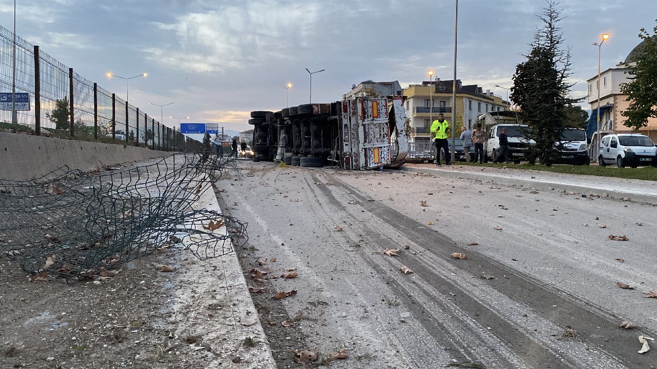 Bursa'da bir tır kaldırımı ve koruma tellerini aşıp yola düştü