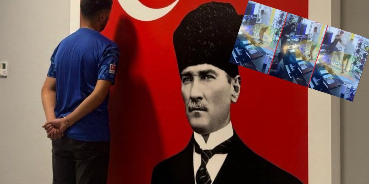 Atatürk'ün resminin üzerinde tepinmişti yakalandı: Atatürk'ün önünde ters kelepçeli fotoğrafı çekildi