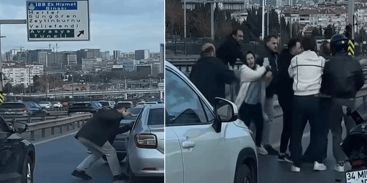 Trafikte tekmeli yumruklu yol kavgası