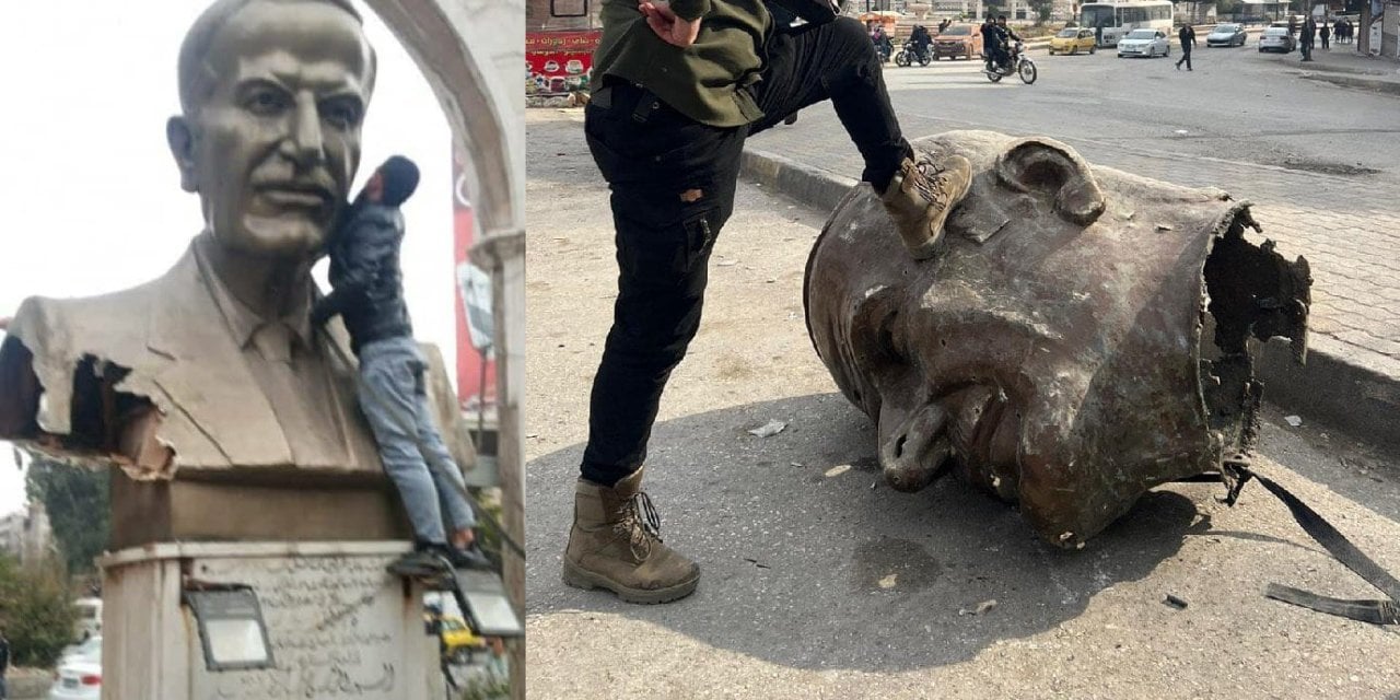 Şam'dan ilk görüntüler geldi! Esad'ın heykeli yıkıldı