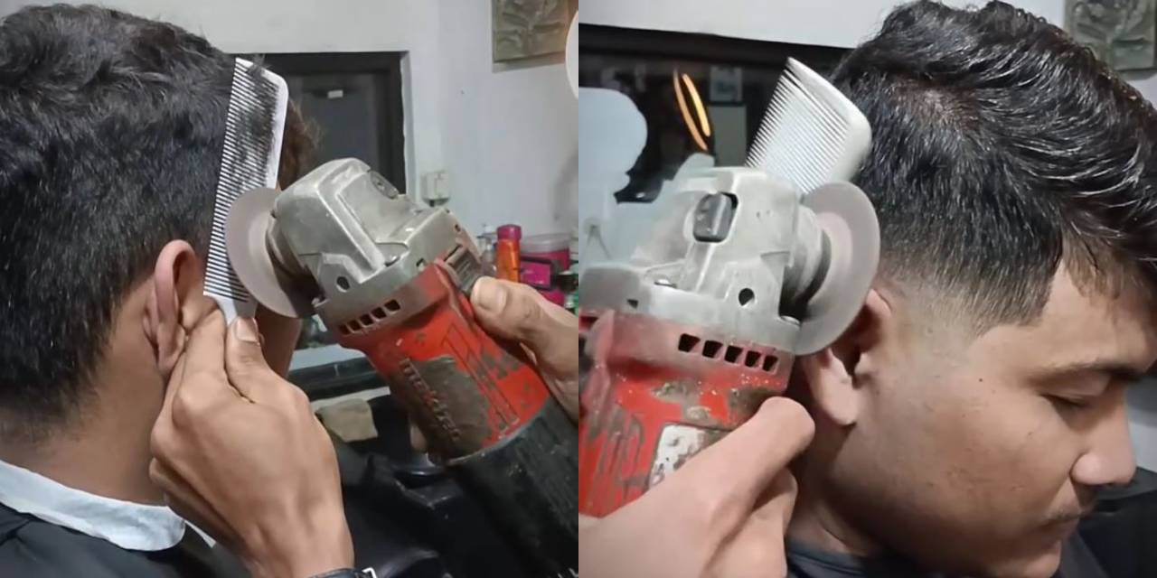 Demir kesme makinesiyle saç kesti