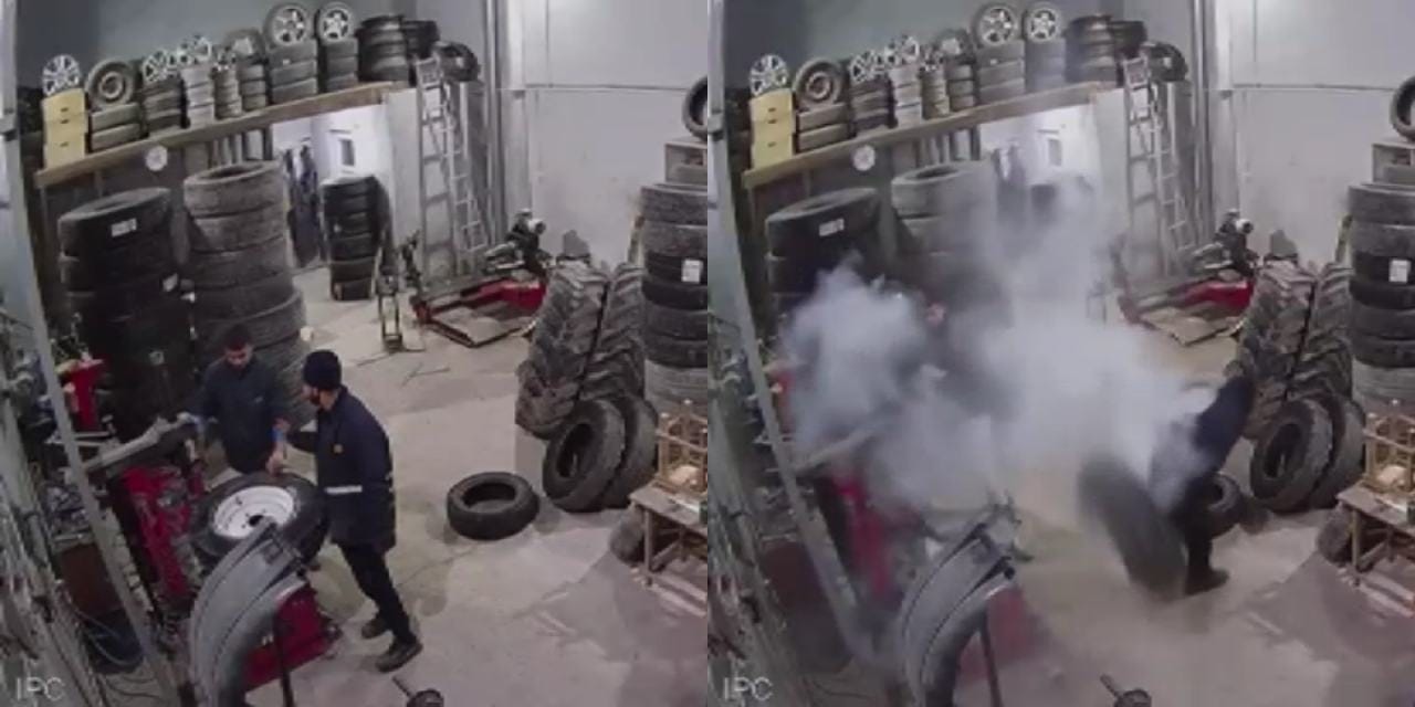 Lastik şişirildiği esnada patladı. Faciadan kıl payı kurtuldular