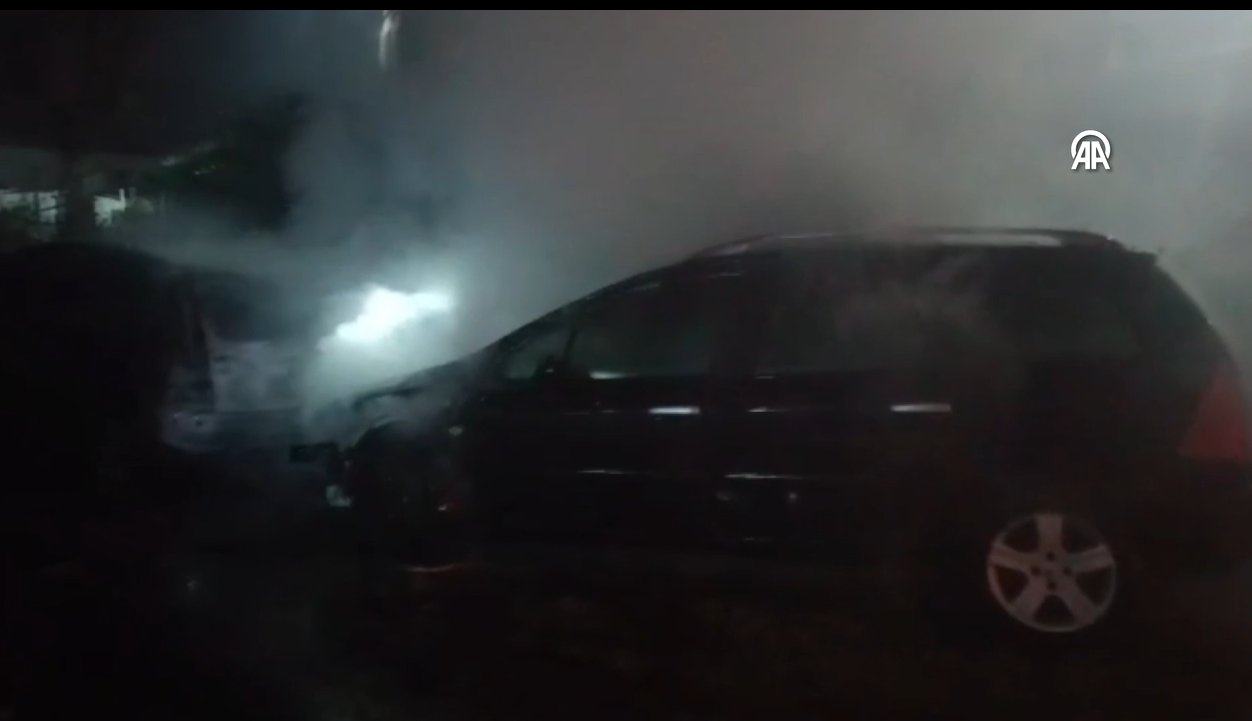 Yıldırımın isabet ettiği ağacın altındaki 2 otomobil yandı