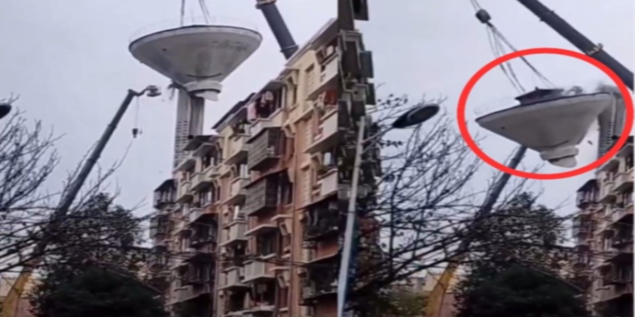 Vinç koptu: Su tankı metrelerce yüksekten yere çakıldı