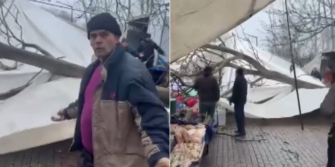 Pazar tezgahlarına devrilen ağaç 1 kişiyi yaraladı