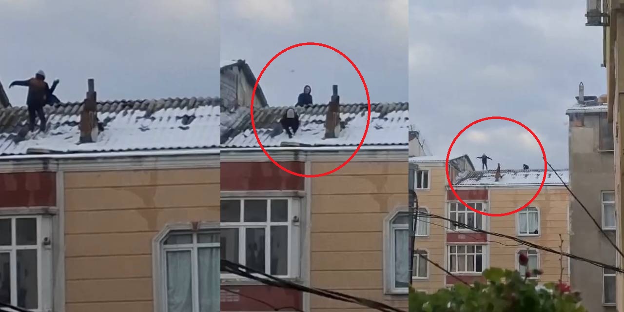 Yürekler ağıza geldi: Çocuklar çatıda kartopu oynadı