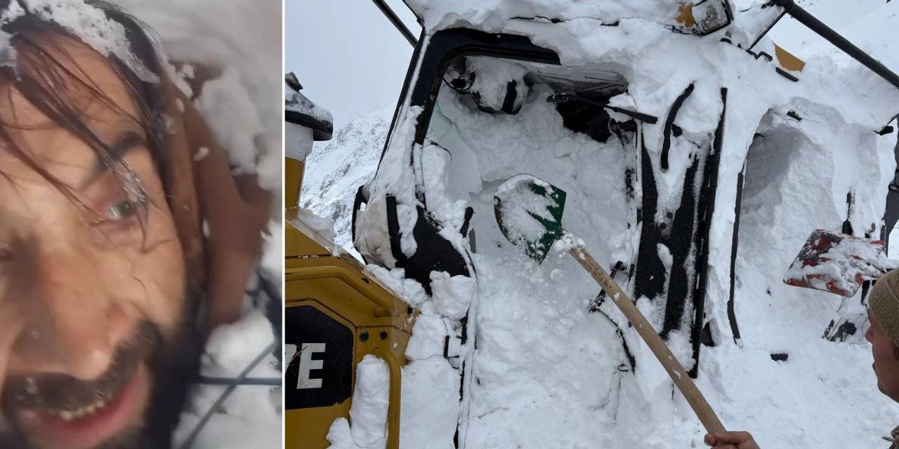 İş makinesinin üzerine çığ düştü! Kabinde sıkışan operatör o dakikaları anbean kaydetti
