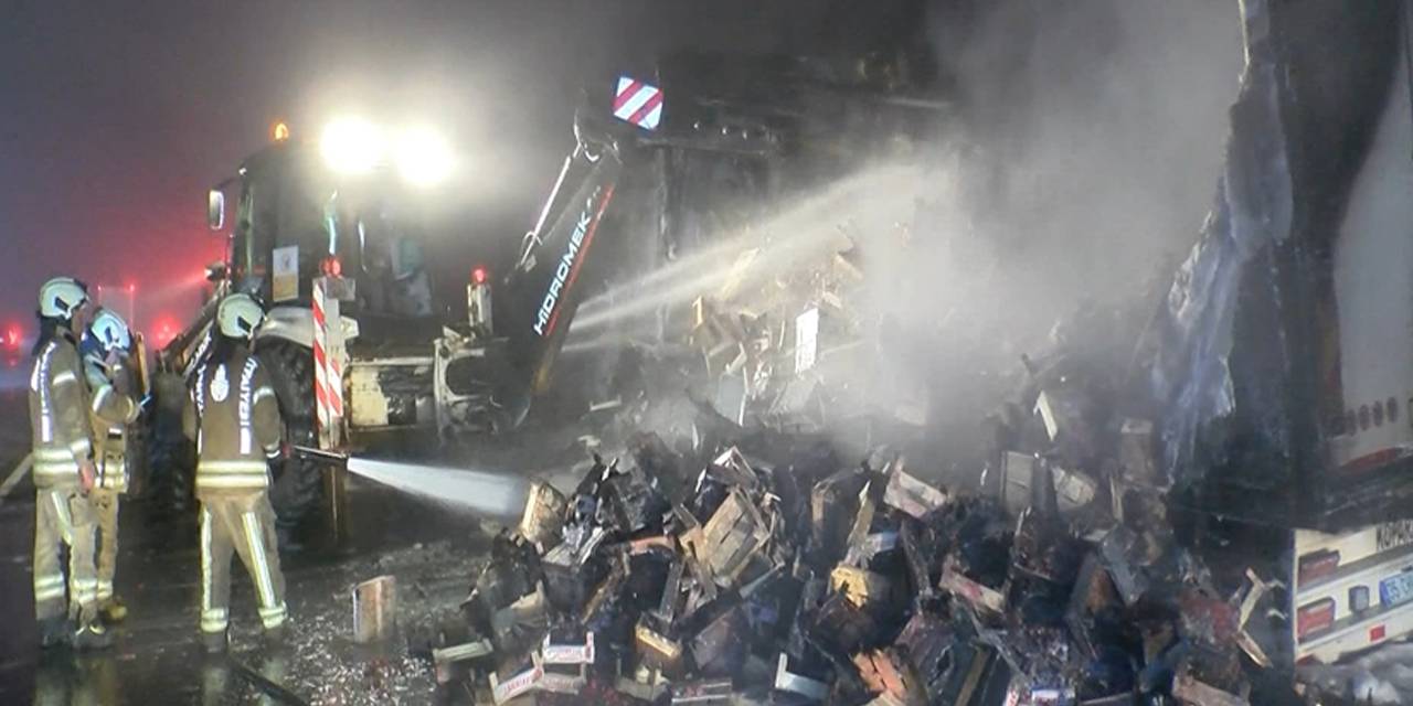 6 ton çilek taşıyan TIR alev alev yandı