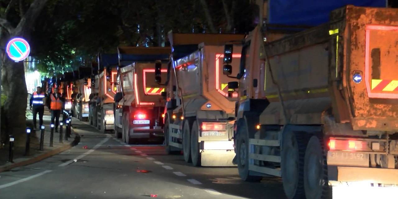 Maslak'ta çöken yol için kamyon konvoyu oluştu