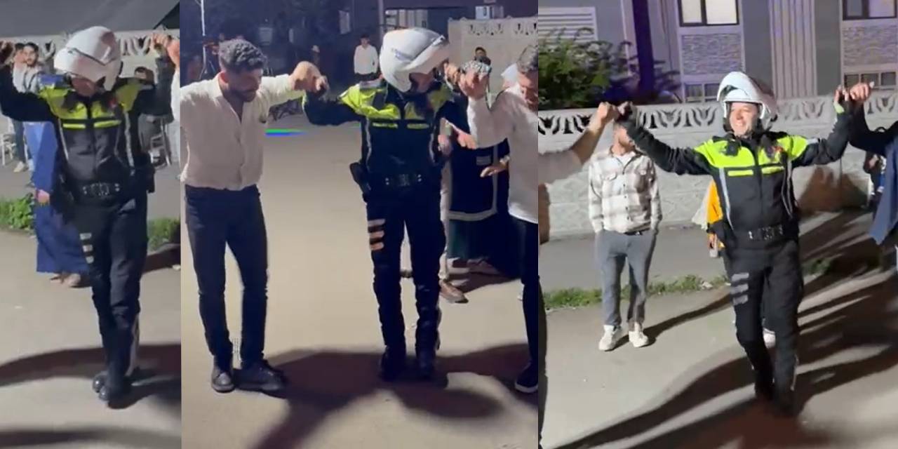 Düğün konvoyundaki araçları yoldan kaldıran polis halay çekti