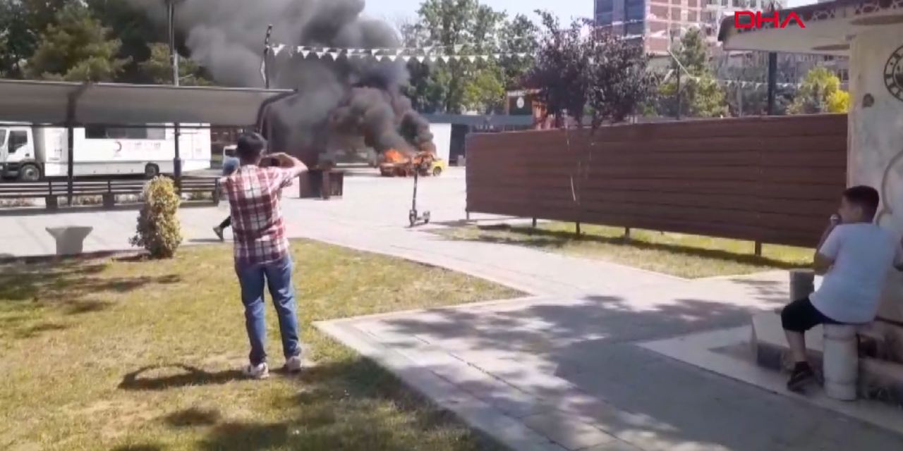 Taksi bir anda alev aldı! Cayır cayır yandığı anlar kamerada