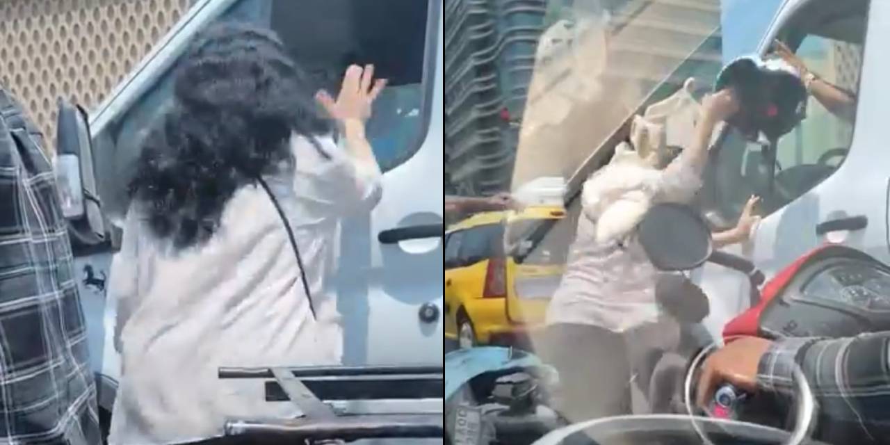 Trafikte kendisini sıkıştıran kamyonet şoförüne kaskla saldırdı