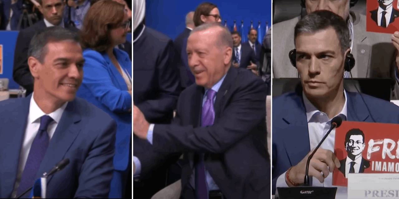 Erdoğan sitem etiği Sanchez ile kahkaha attı: Free İmamoğlu pankartı tutmuştu