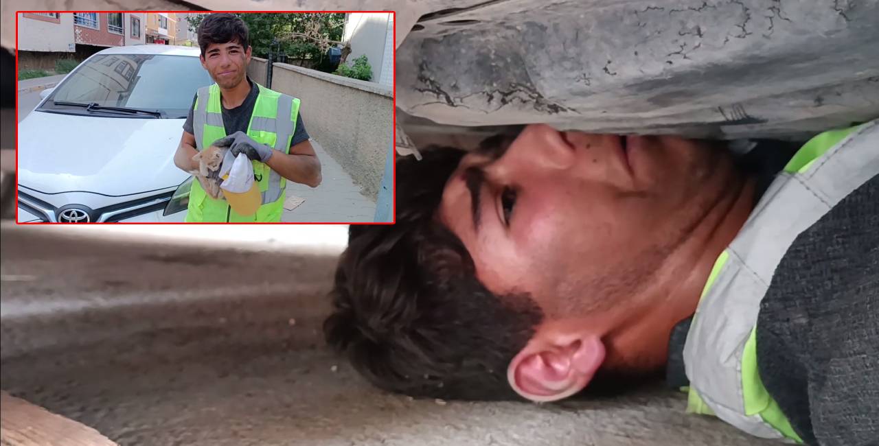 Kendi güvenliğini tehlikeye attı: Sıkışan kediyi kurtardı